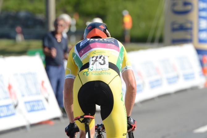 Mathias Frank (BMC) powers to the finish in the stage 9 mountain time trial.