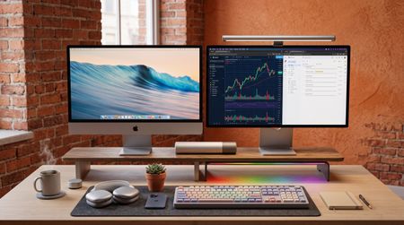 A desktop with monitors, computers and stationary