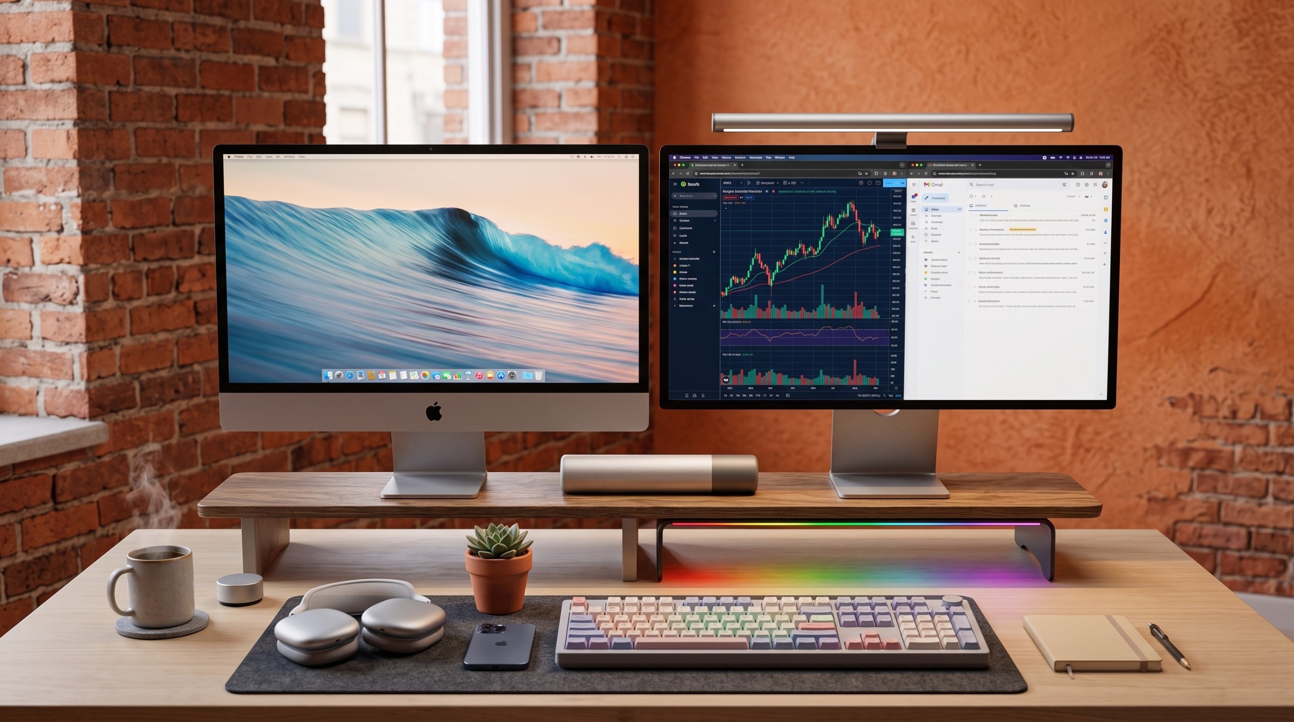 A desktop with monitors, computers and stationary