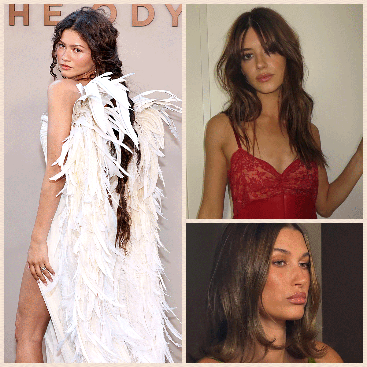 A collage of Zendaya, Jasmine Tookes, Daisy-Edgar Jones, Hailey Bieber, Anok Yai, and influencers with brunette hair.