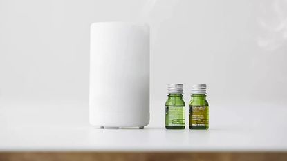 the Muji Ultrasonic Aroma Diffuser, one of the best essential oil diffuser picks, with essential oils next to it, on a white table with wood underneath