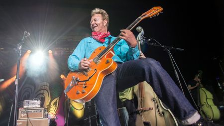 Brian Setzer of The Stray Cats performs on stage at O2 Academy Birmingham on June 23, 2019 in Birmingham, England