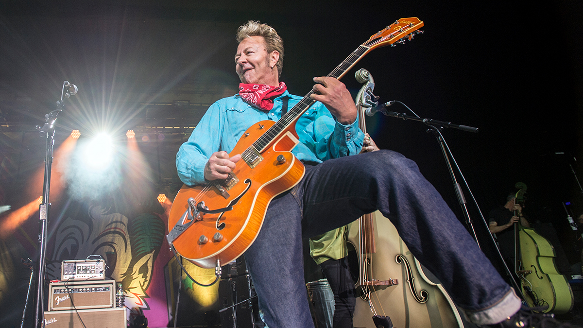 Brian Setzer of The Stray Cats performs on stage at O2 Academy Birmingham on June 23, 2019 in Birmingham, England
