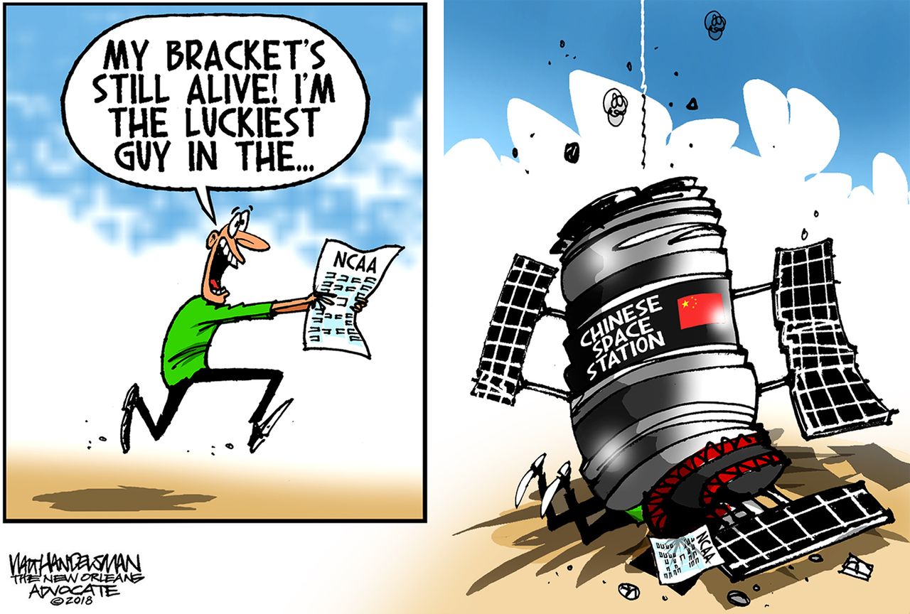 Editorial cartoon U.S. Final Four March Madness bracket Chinese satellite