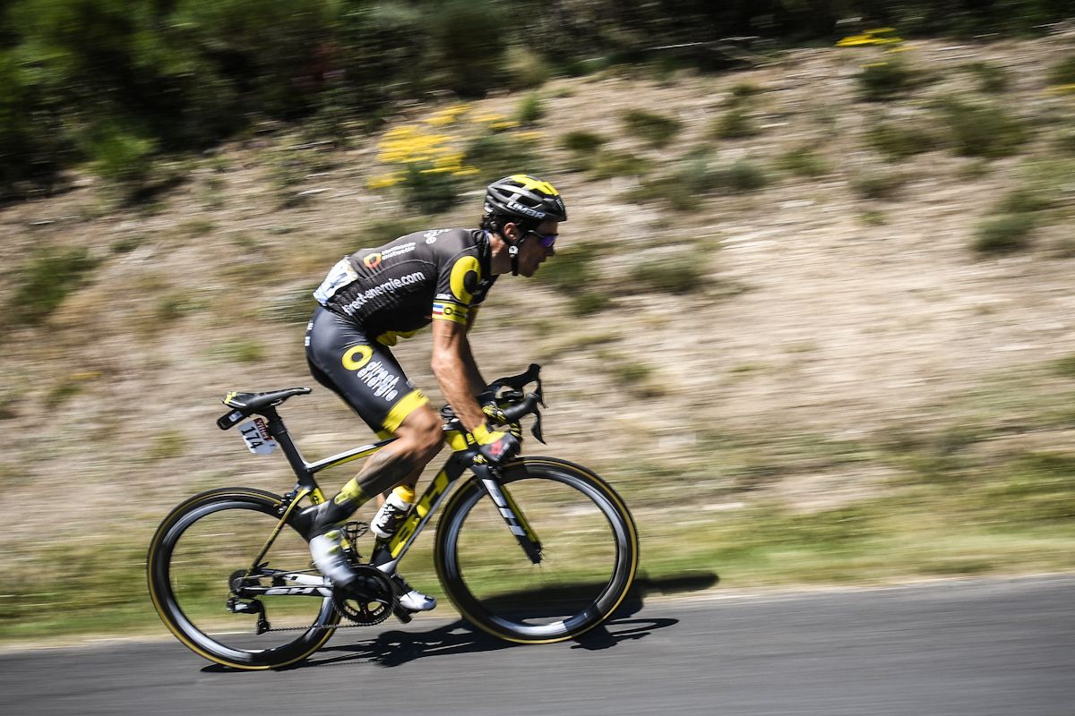 Sylvain Chavanel rides in a breakaway during the 165 km sixteenth stage of the 104th edition of the Tour de France