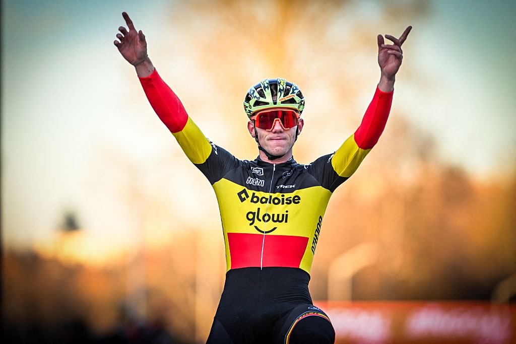 Belgian Thibau Nys celebrates as he crosses the finish line to win the men elite race at the World Cup cyclocross cycling event in Tabor, Czech Republic, stage 1 (out of 12) of the UCI World Cup cyclocross competition, Sunday 23 November 2025. BELGA PHOTO DAVID PINTENS (Photo by DAVID PINTENS / BELGA MAG / Belga via AFP)