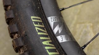 Close up of a mountain bike tire and rim