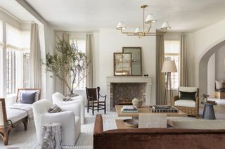 modern farmhouse living room with large olive tree by Marie Flanigan