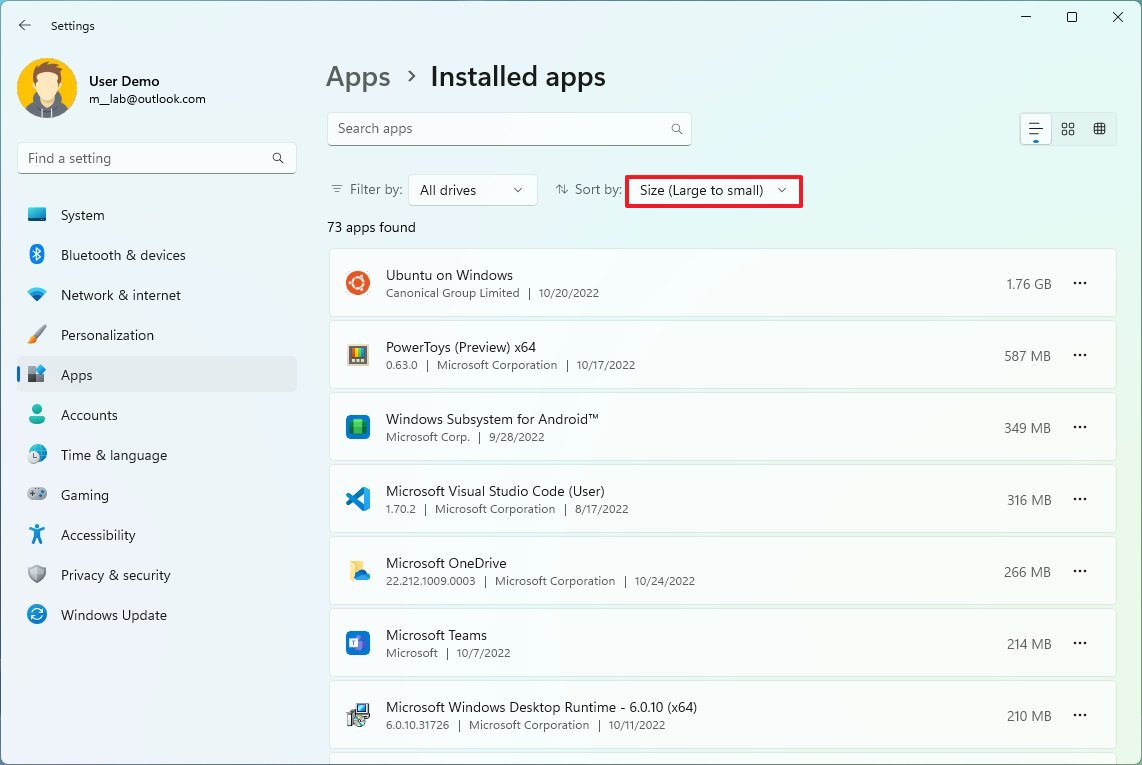 Sort apps by size