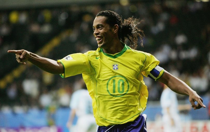 Ronaldinho celebrates scoring against Argentina in the Confederations Cup final