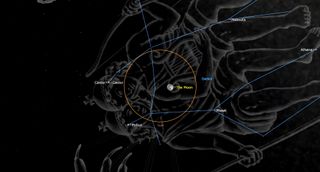 an illustration of the night sky showing the moon between two bright stars