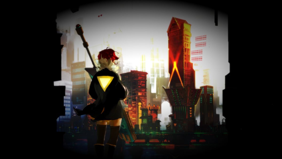 A red-haired woman in a black jacket with a yellow triangle on the back looks out over a cityscape