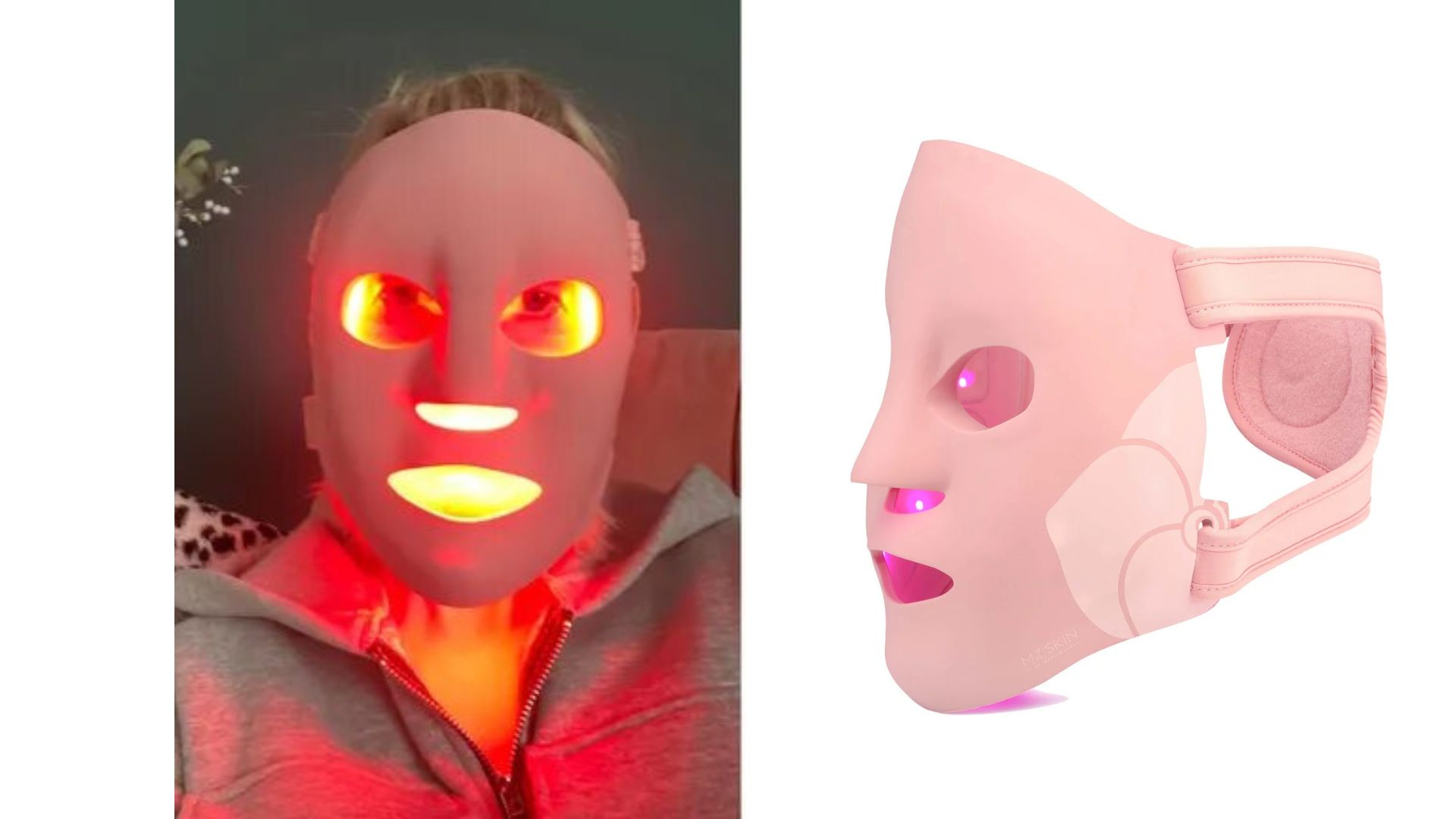 MZ Skin Led 2.0 Lightmax Supercharged Led Mask next to an image of Charley using it