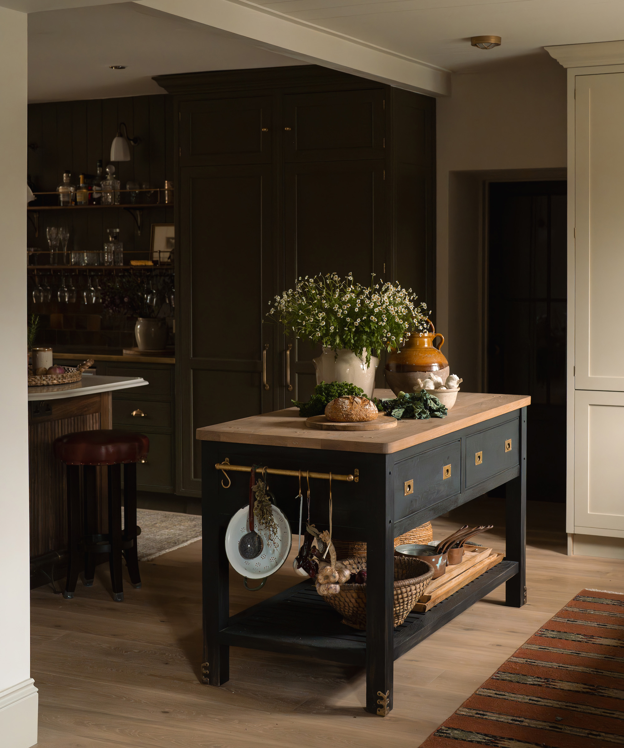 kitchen with a butchers block style island