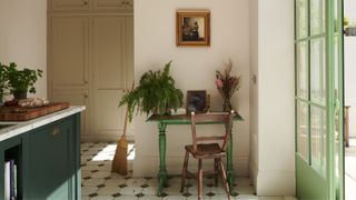 a kitchen with green kitchen cabinet, green frame door, green side table and pot plants