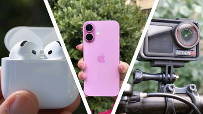 AirPods 4 in their open case, a Pink iPhone 16 and the DJI Action 5 Pro mounted to a bike.