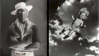 A reversed portrait of the actor Claude Delacroix in a hat, and a photo of Baby Muth seemingly flying the air