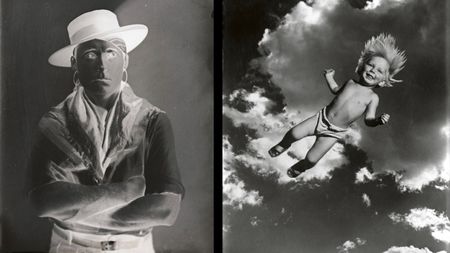 A reversed portrait of the actor Claude Delacroix in a hat, and a photo of Baby Muth seemingly flying the air