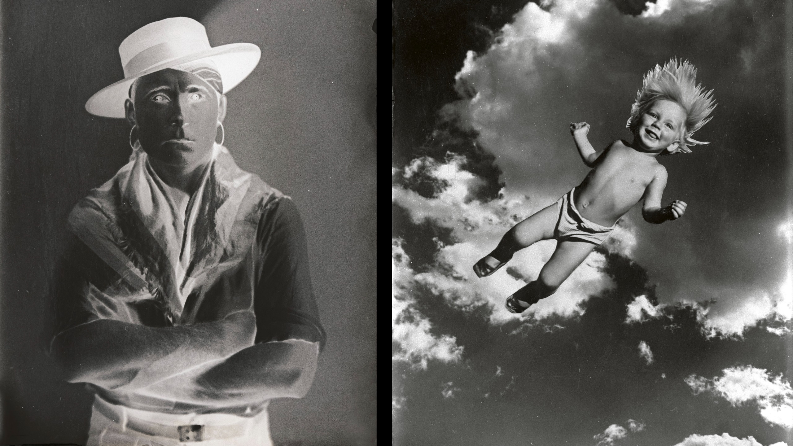 A reversed portrait of the actor Claude Delacroix in a hat, and a photo of Baby Muth seemingly flying the air