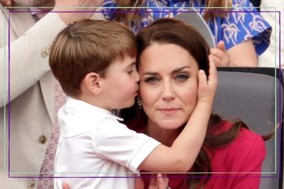 Prince Louis reaction to Queen's death - Kate Middleton hugs Prince Louis of Cambridge during the Platinum Pageant on June 05, 2022 in London, England. 