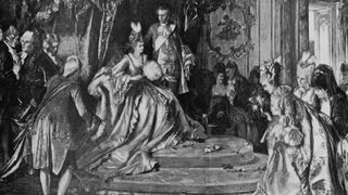 Marie-Antoinette and her husband, Louis (1754 - 1793), hold court in their apartments at Versailles, in the last years of the reign of Louis XV.