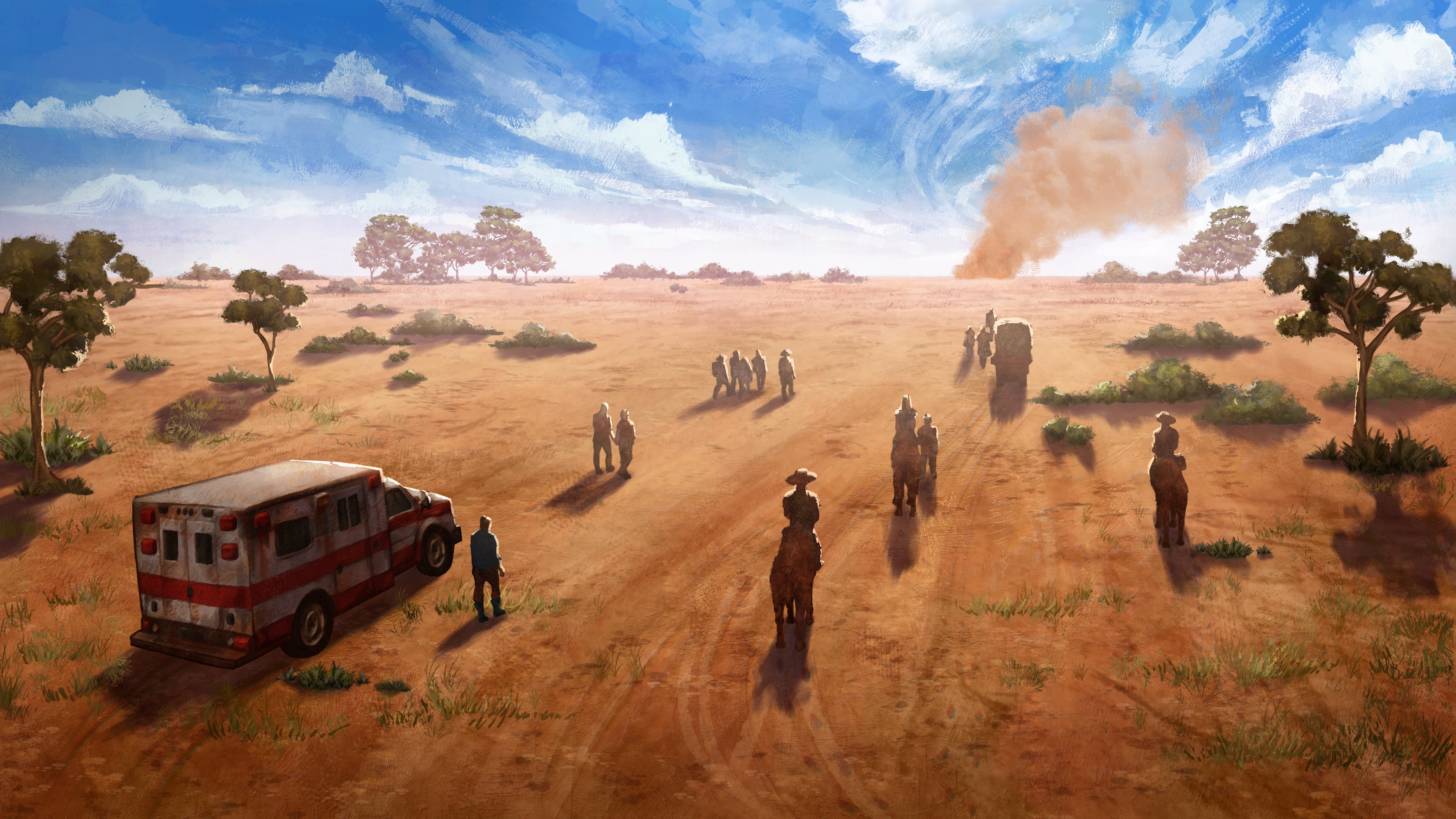 A group of travelers approach a distant smoke cloud