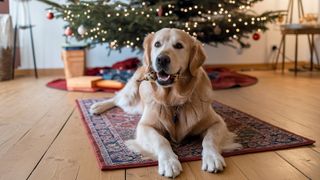 Dog sitting in front of Christmas tree