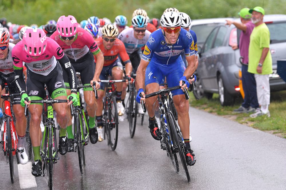 Philippe Gilbert rides in the bunch near the end of stage 3 at Tour de Suisse