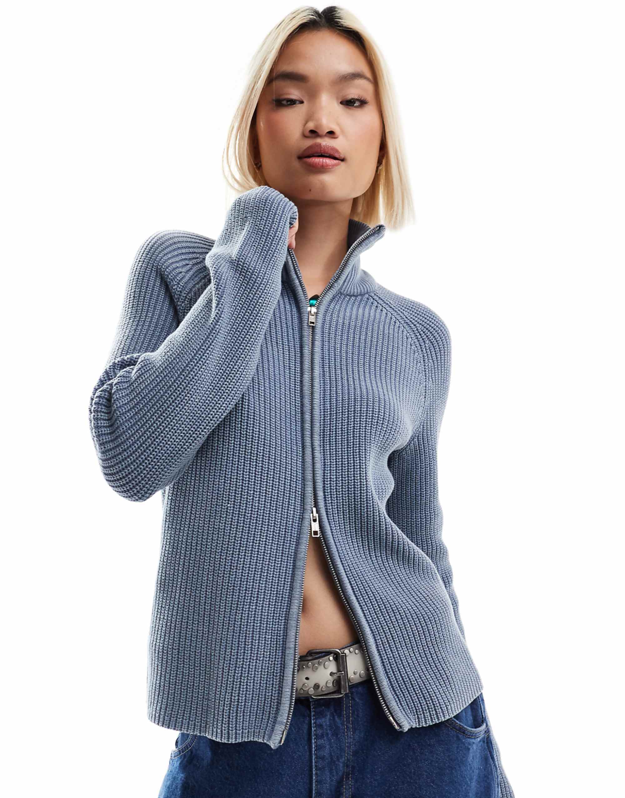 Monki Ribbed Knitted Two Way Zip Cardigan in Blue Acid Wash