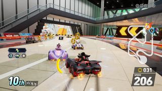 Shadow drifts around a corner in Dodonpa&#039;s car factory in Sonic Racing: CrossWorlds