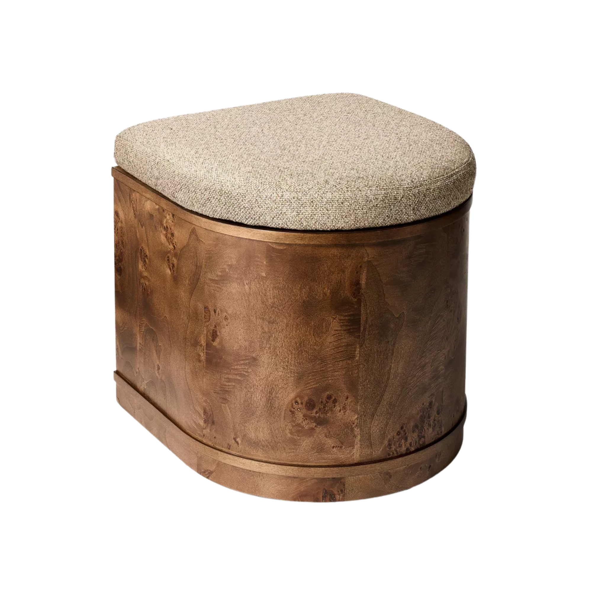 an ottoman with a burl wood frame and a removable lid