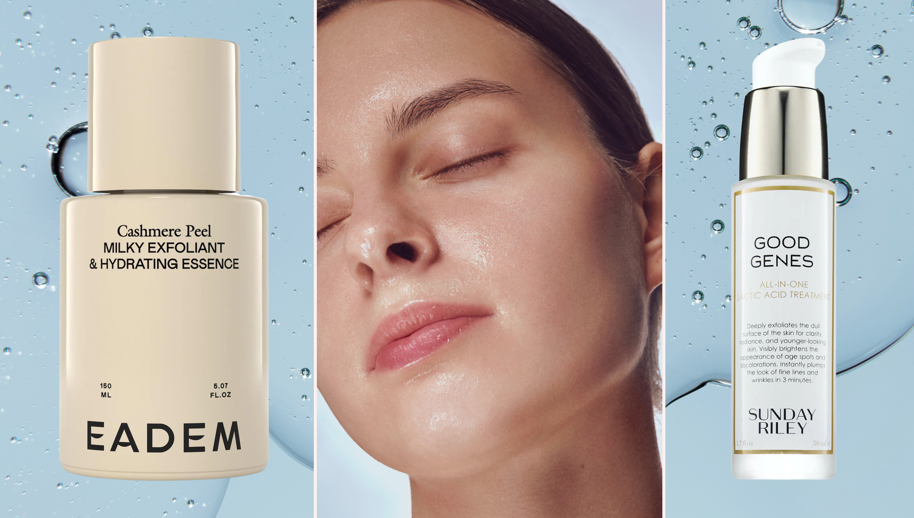 a blue serum background with two beige and white lactic acid bottles next to a woman with super clear, hydrated skin