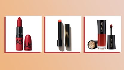 A composite image of three of the best red lipsticks on an ombre peach background