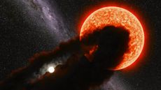 An illustration of the giant star being eclipsed by its dusty companion