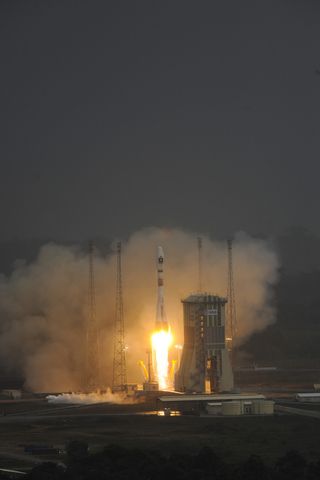 Soyuz just begins to lift off for the first time from Europe's spaceport in French Guiana carrying the first two Galileo In-Orbit Validation satellites, on October 21, 2011.
