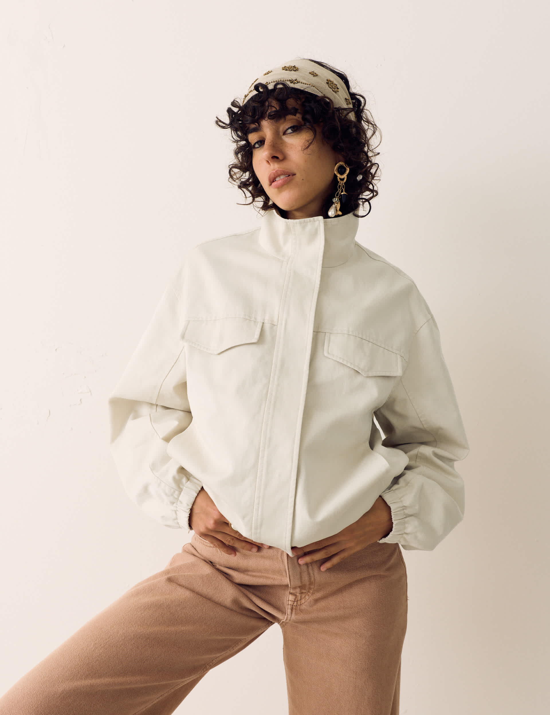 Cotton Blend Twill Cropped Utility Jacket