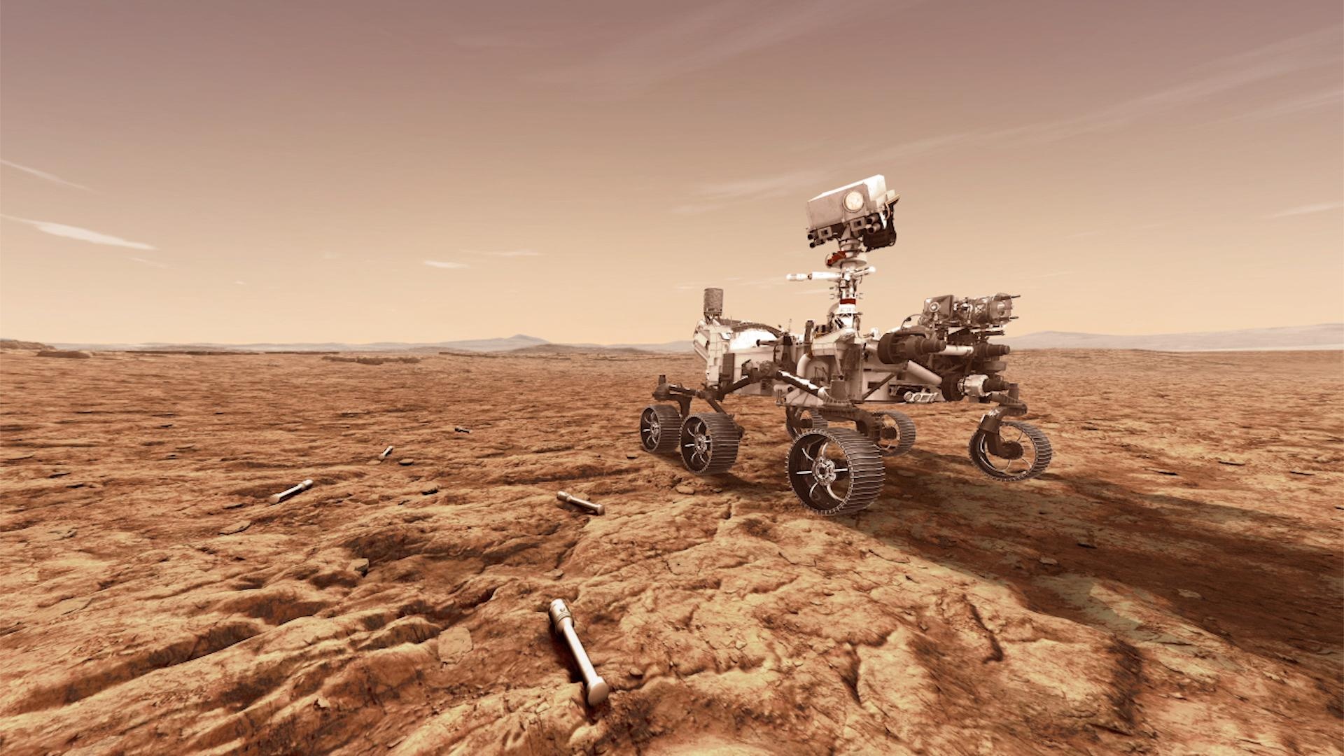 A rendering of the Perseverance Rover on the surface of Mars with a sealed sample on the ground