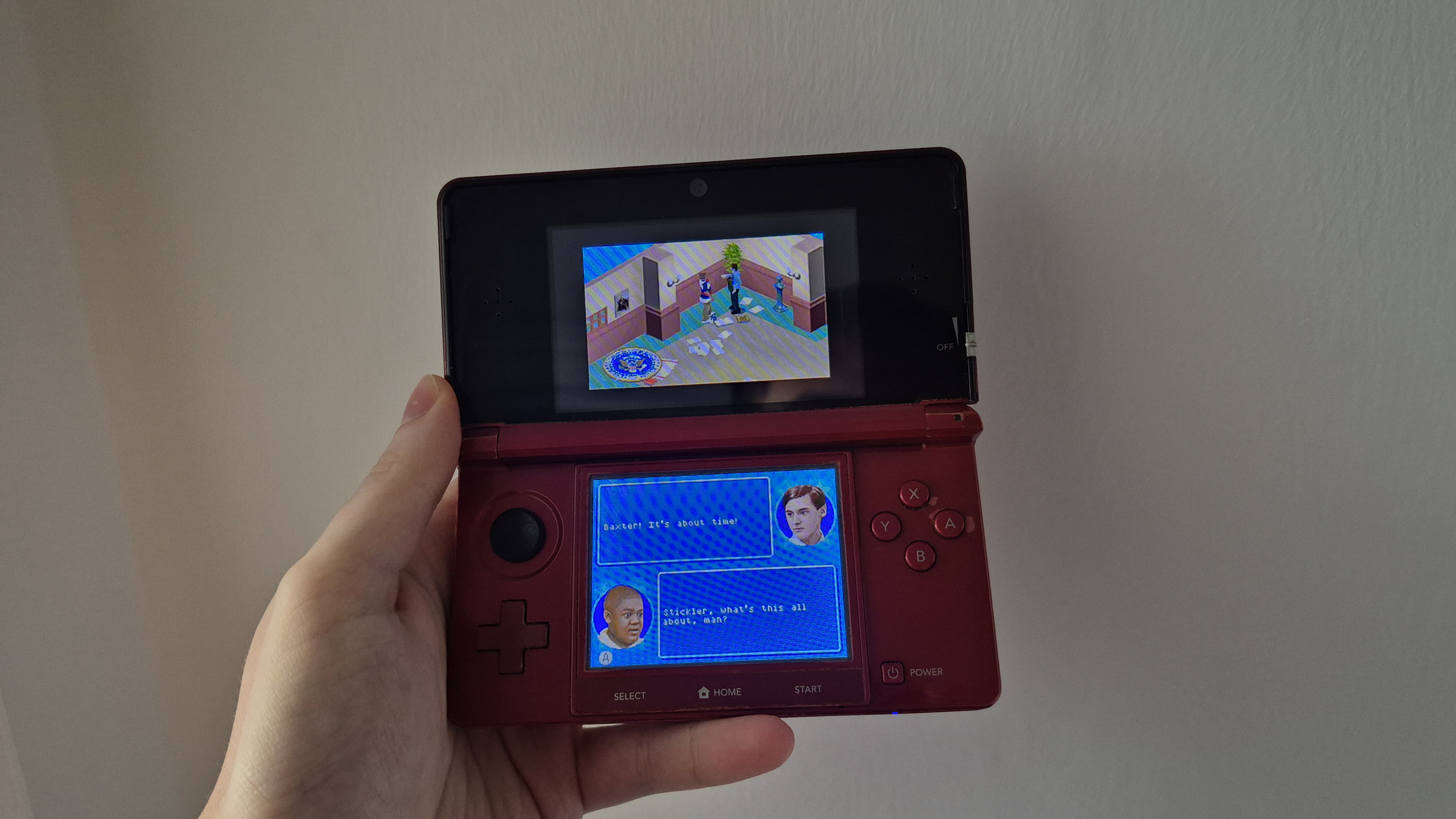 Nintendo 3DS console with dialogue from Cory in the House on display