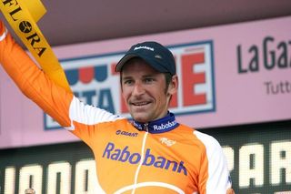 Russian Denis Menchov (Rabobank) on the podium following his victory in stage five.