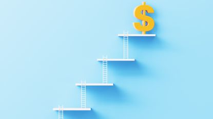 tiny white ladders leading up to tiny white landings, stair-stepping to a large yellow dollar sign