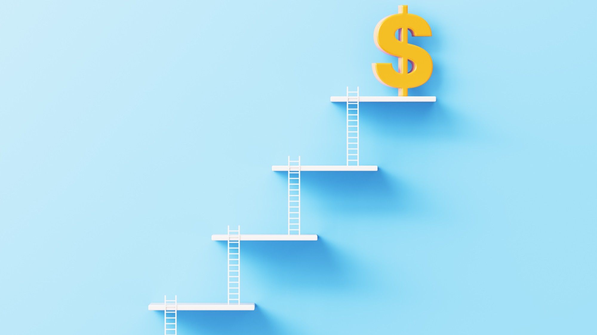 tiny white ladders leading up to tiny white landings, stair-stepping to a large yellow dollar sign