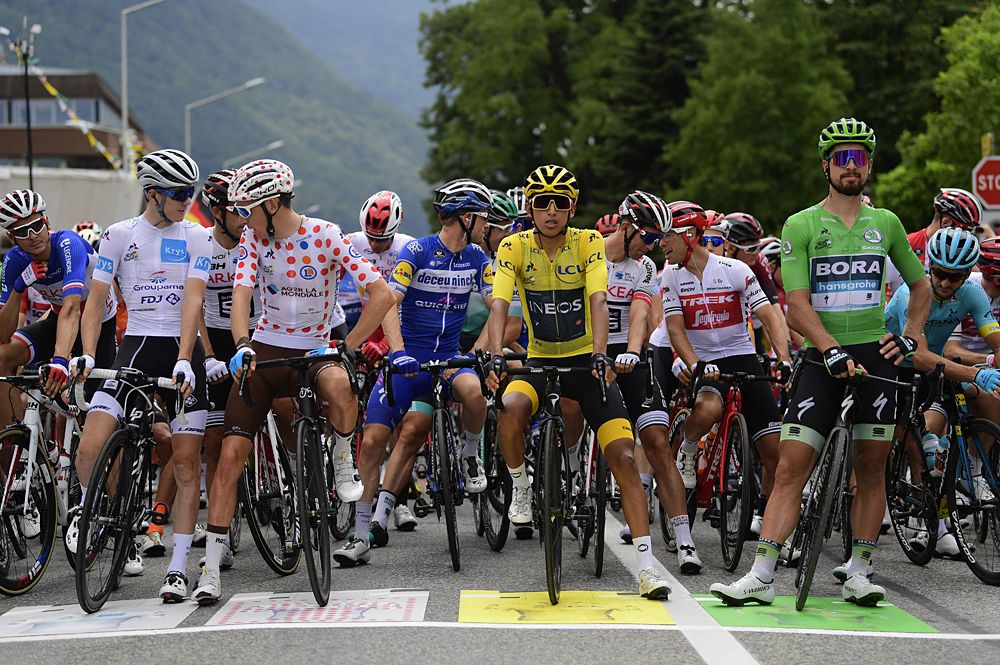 Egan Bernal (Team Ineos) wears the yellow jersey at the start of stage 20 at the Tour de France