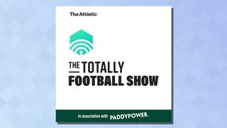 The logo of the The Totally Football Show with James Richardson podcast on a blue background