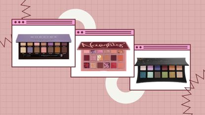three of My Imperfect Life's best eyeshadow palettes picks on a pink background with grid detailing