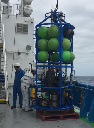 The RV Investigator research ship used a device called a profiling Lagrangian acoustic and optical probe (PLAOS) to sample visual and audio data of life in the water column at depths of up to about 3,300 feet (1,000 meters).