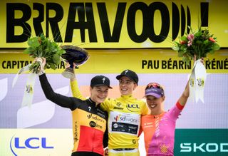Final podium of the 2023 Tour de France Femmes: Lotte Kopecky, Demi Vollering and Kasia Niewiadoma.