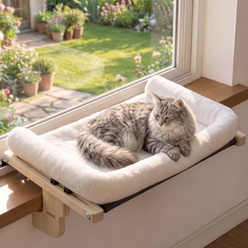 Pecute Cat Windowsill Perch, Cloud-Soft Cat Bed With Wood Frame, 63cm