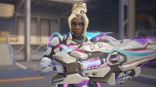 Overwatch 2 Season 18 release date roadmap: Sojourn looking to her left while holding her weapon in the Ultraviolet Sentinel skin in the practice range.