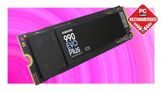 An image of a Samsung 990 Evo Plus SSD against a vibrant pink background, with a PC Gamer Recommended logo in the top right corner.