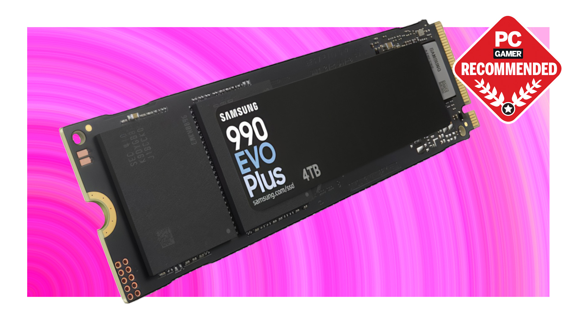 An image of a Samsung 990 Evo Plus SSD against a vibrant pink background, with a PC Gamer Recommended logo in the top right corner.